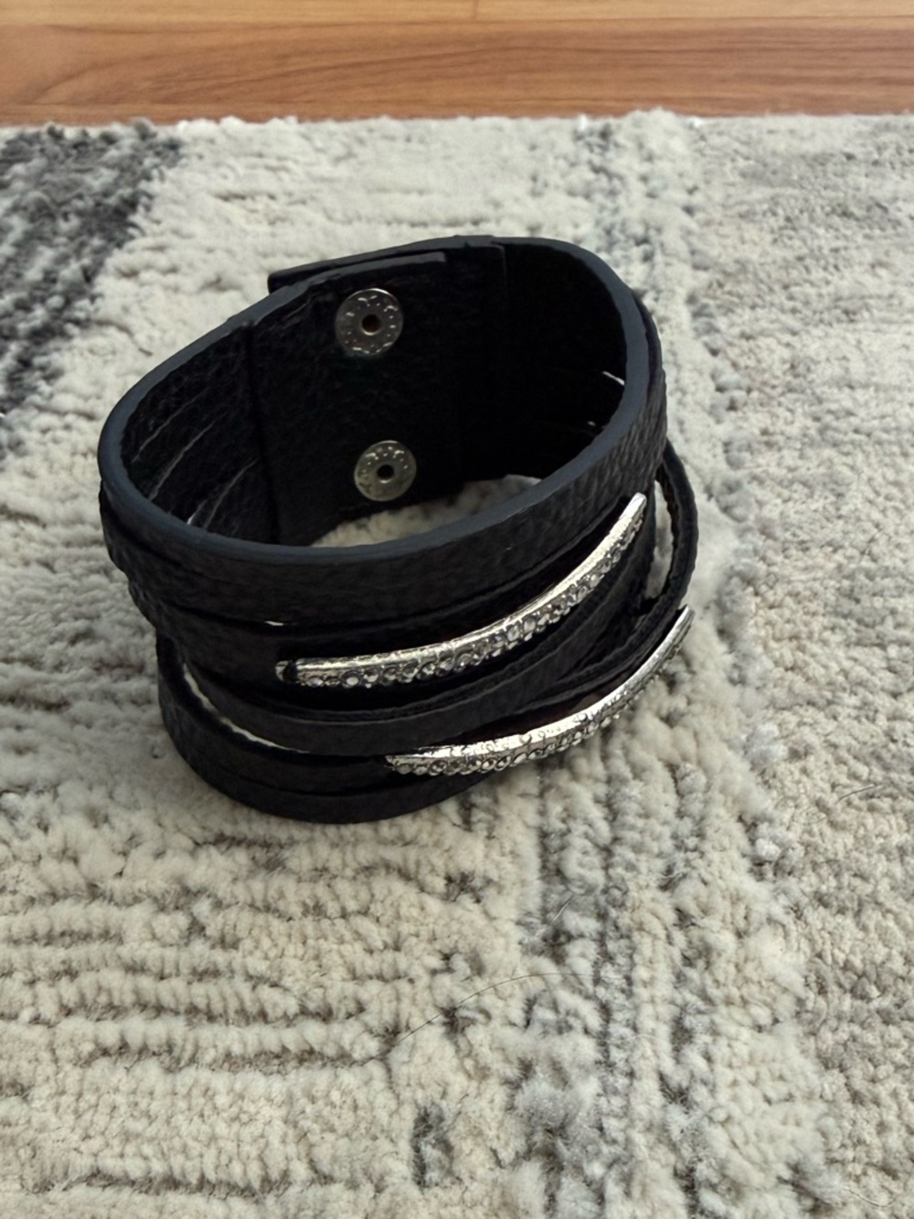 Black Leather Wrap Bracelet with Silver Accents - Unbranded